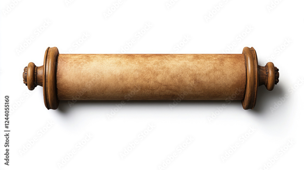 Ancient scroll with ornate ends displayed against a white background highlighting its historical significance and craftsmanship Ancient scroll with ornate ends displayed against a white background highlighting its historical significance and craftsmanship