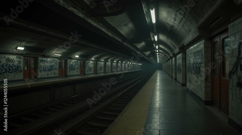 Dimly Lit Subway Station with Graffiti and Empty Platform Scene