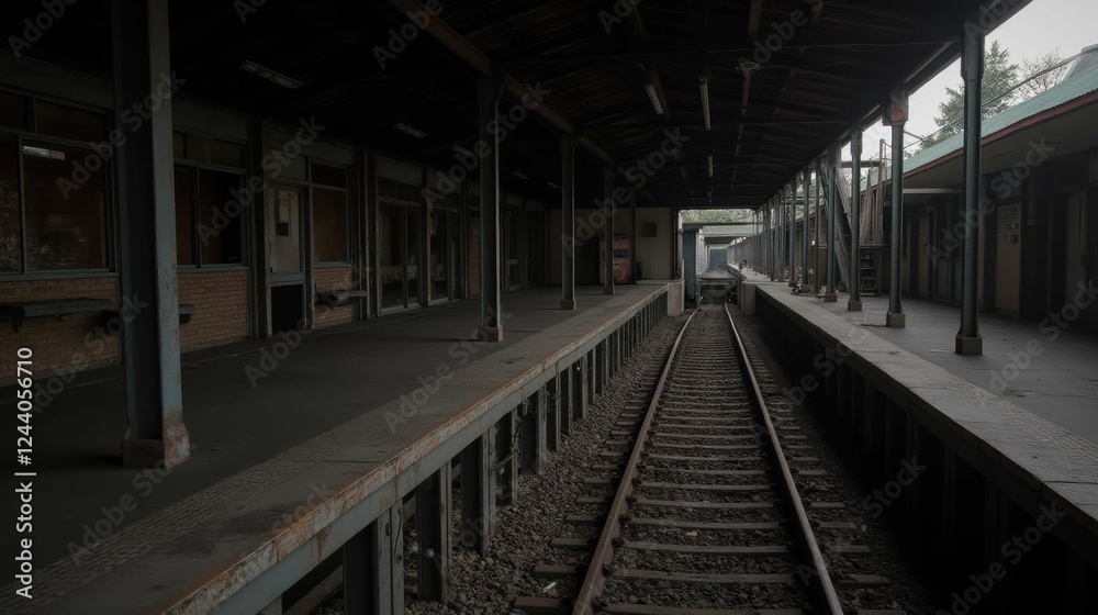 Abandoned Train Station Interior with Empty Platforms and Tracks Abandoned Train Station Interior with Empty Platforms and Tracks