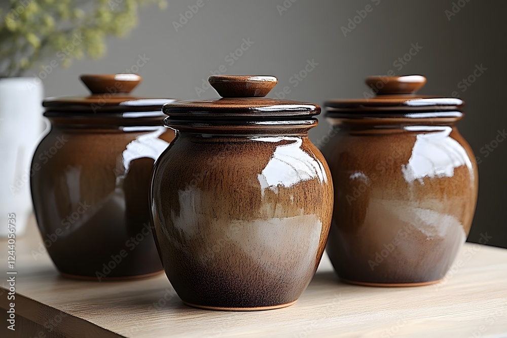 Beautifully crafted ceramic jars displayed on a wooden surface in natural light