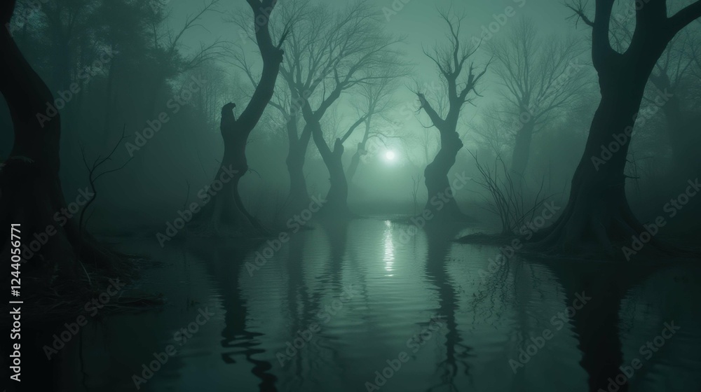 Obraz premium Atmospheric Foggy Forest with Gnarled Trees Reflecting in Water