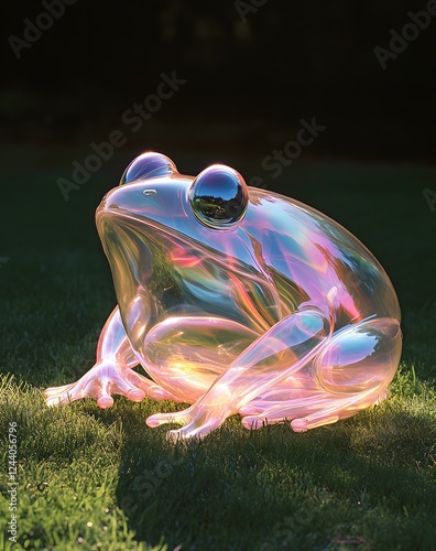 A smooth, inflated translucent plastic frog sits motionless on a patch of short grass, bathed in soft, dappled sunlight that plays across its shiny surface. The frog s bulbous eyes reflect the light, photo