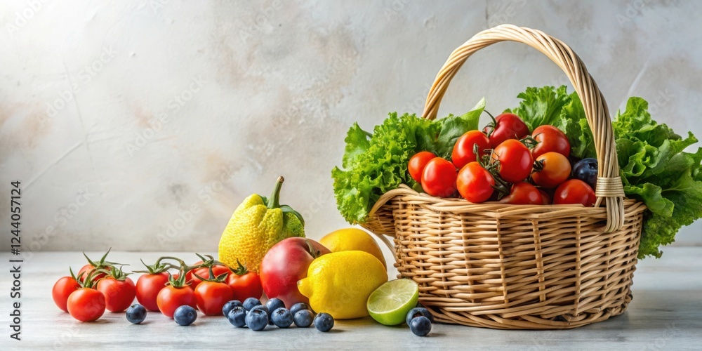 A wicker basket brimming with fresh produce tomatoes, lettuce, lemons, limes, blueberries, and an apple. A wicker basket brimming with fresh produce tomatoes, lettuce, lemons, limes, blueberries, and an apple.
