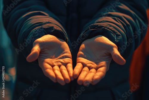 A person with arms raised in the air, possibly in celebration or surrender