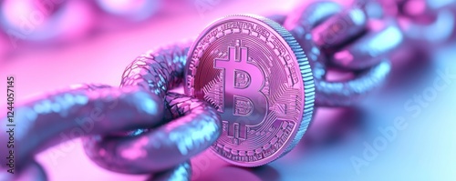 A close-up of a Bitcoin surrounded by metallic chains, illuminated with vibrant pink and blue lights, symbolizing cryptocurrency and blockchain technology.