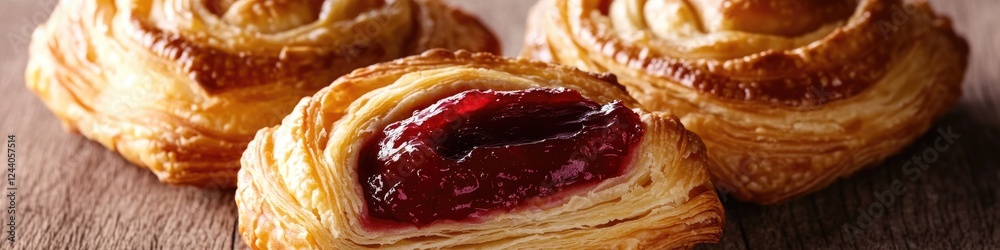 Obraz premium A close-up shot of three delicious pastries on a table, ideal for food or baking related content