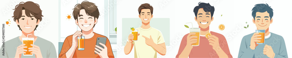 vector set of young men drinking orange juice vector set of young men drinking orange juice