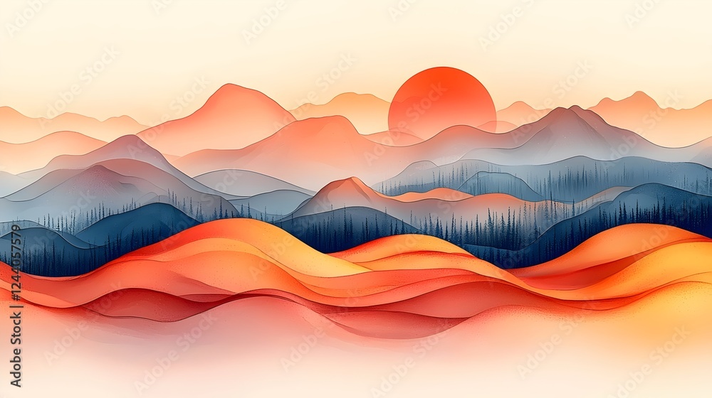 A serene landscape illustration with rolling hills, layered mountains, and a vibrant sunset. Soft shades of red, orange, and blue create a tranquil atmosphere. A serene landscape illustration with rolling hills, layered mountains, and a vibrant sunset. Soft shades of red, orange, and blue create a tranquil atmosphere.