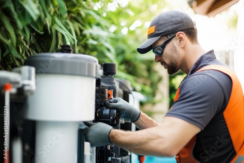 Professional pool maintenance worker inspecting equipment at a residential property in summer. Generative AI