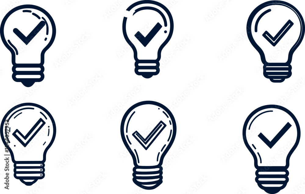Set of light bulb icons. Lamp with check marks and signs, light bulbs Set of light bulb icons. Lamp with check marks and signs, light bulbs