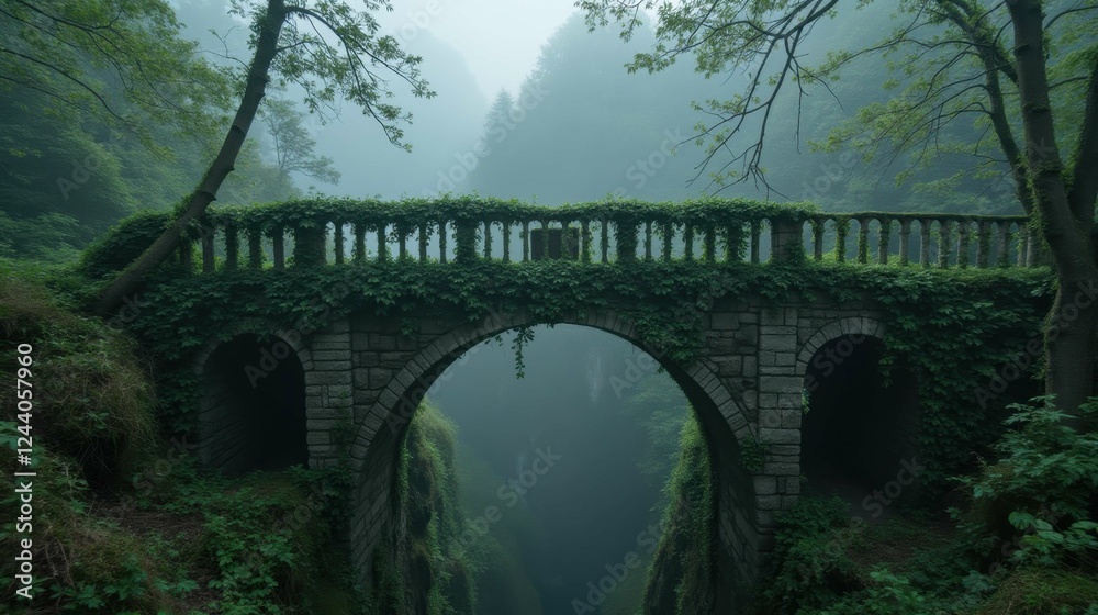 Fototapeta premium Serene Foggy Landscape with Stone Arch Bridge Covered in Greenery