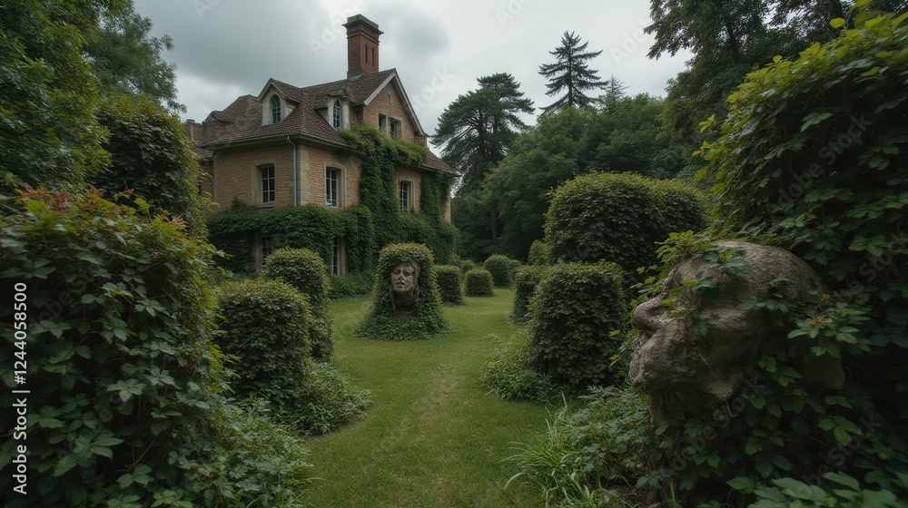 Serene Mansion Surrounded by Lush Gardens and Unique Topiary Shapes Serene Mansion Surrounded by Lush Gardens and Unique Topiary Shapes