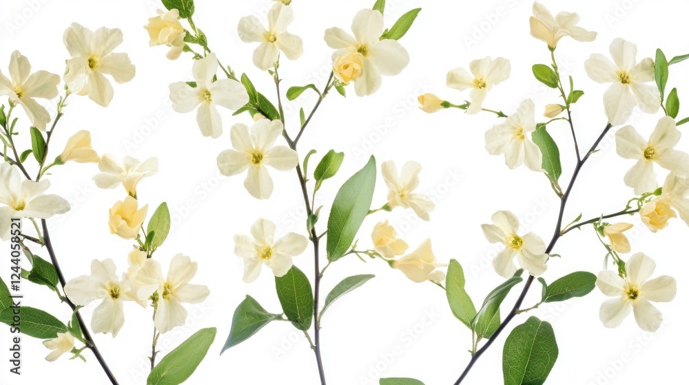 Fototapeta premium A collection of white flowers with green leaves, perfect for various uses including illustrations, designs and more
