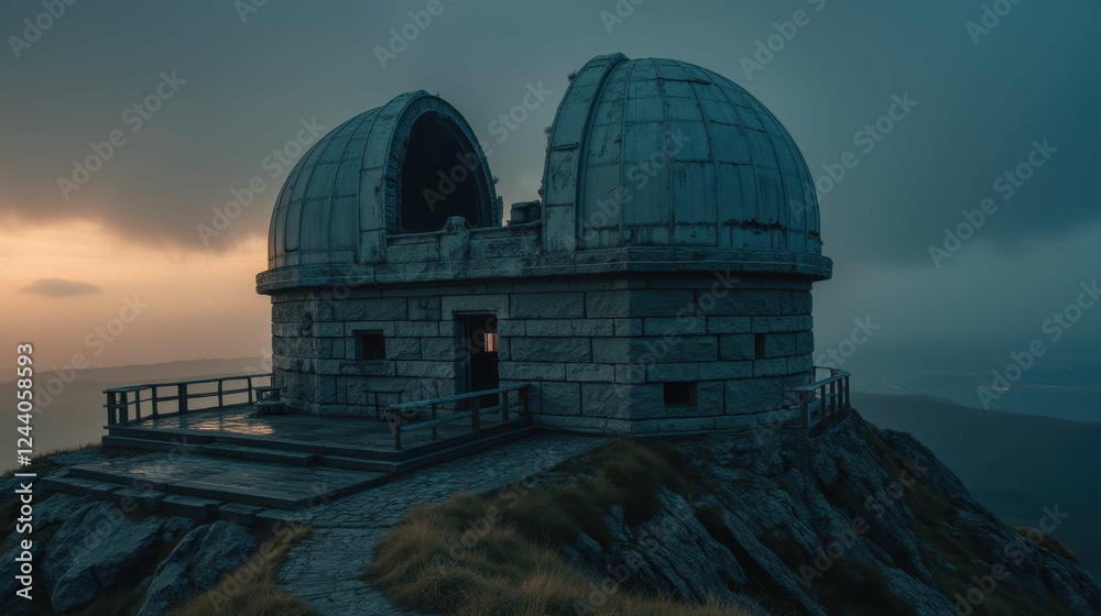 Obraz premium Majestic Observatory on Mountain Peak During Dramatic Sunset Sky