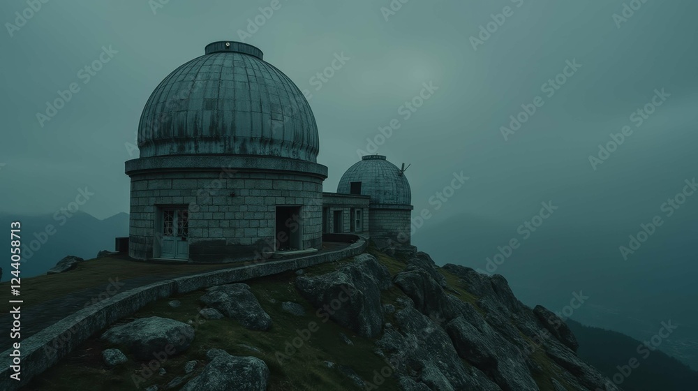 Abandoned Observatory Domes on Rocky Mountain Peak Under Gray Sky Abandoned Observatory Domes on Rocky Mountain Peak Under Gray Sky