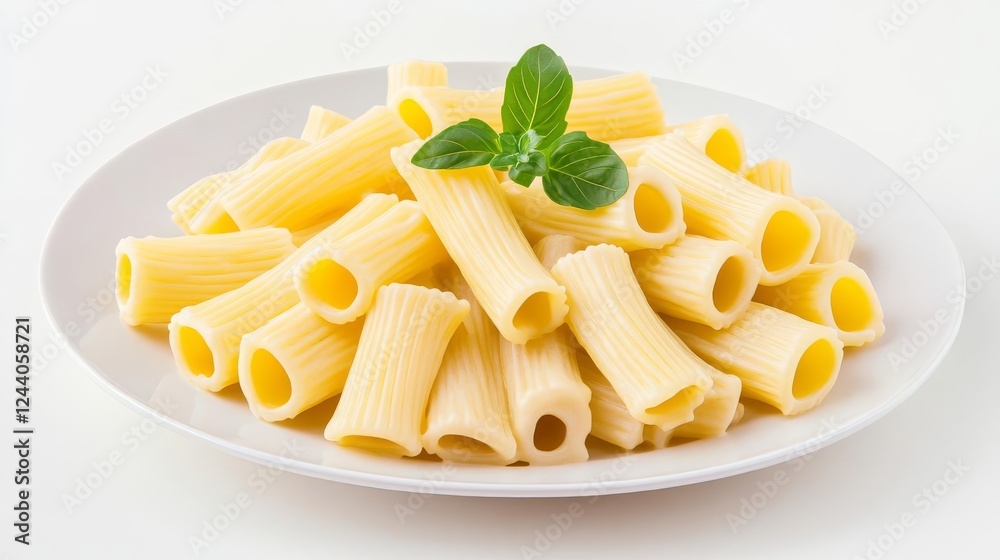 A serving of creamy rigatoni pasta, simple elegance, pastel illustration, soft yellow tones, isolated on white background A serving of creamy rigatoni pasta, simple elegance, pastel illustration, soft yellow tones, isolated on white background
