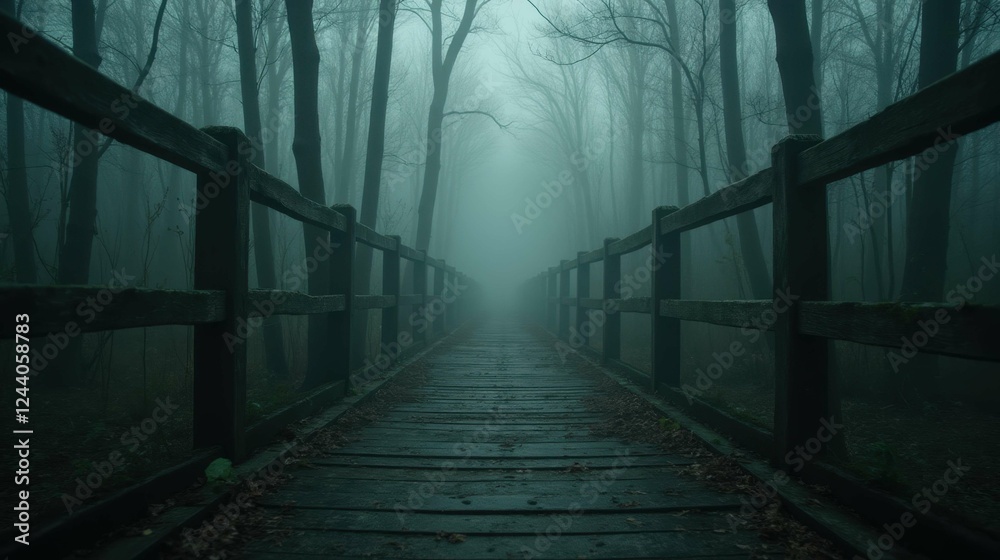 Obraz premium Moody Forest Pathway Surrounded by Fog and Trees in Dim Light