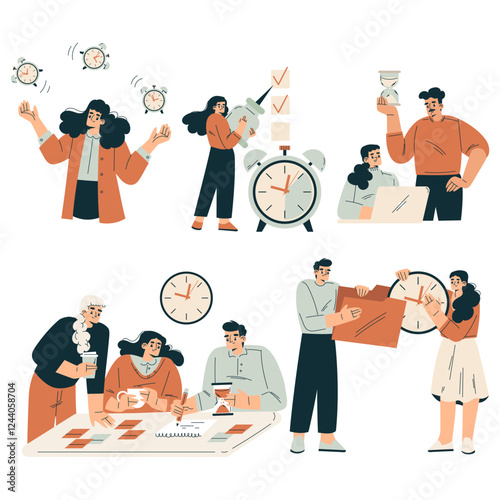 Time Management with Man and Woman Organizing Efficient Business Process Vector Set