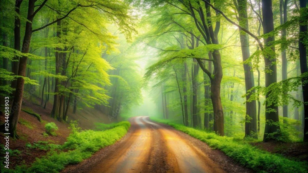 Fototapeta premium Misty Forest Path Winding Through Lush Green Canopy