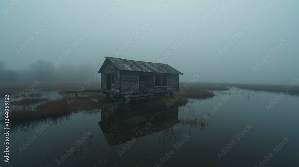 Fototapeta premium Mysterious Abandoned House in Foggy Wetland Landscape
