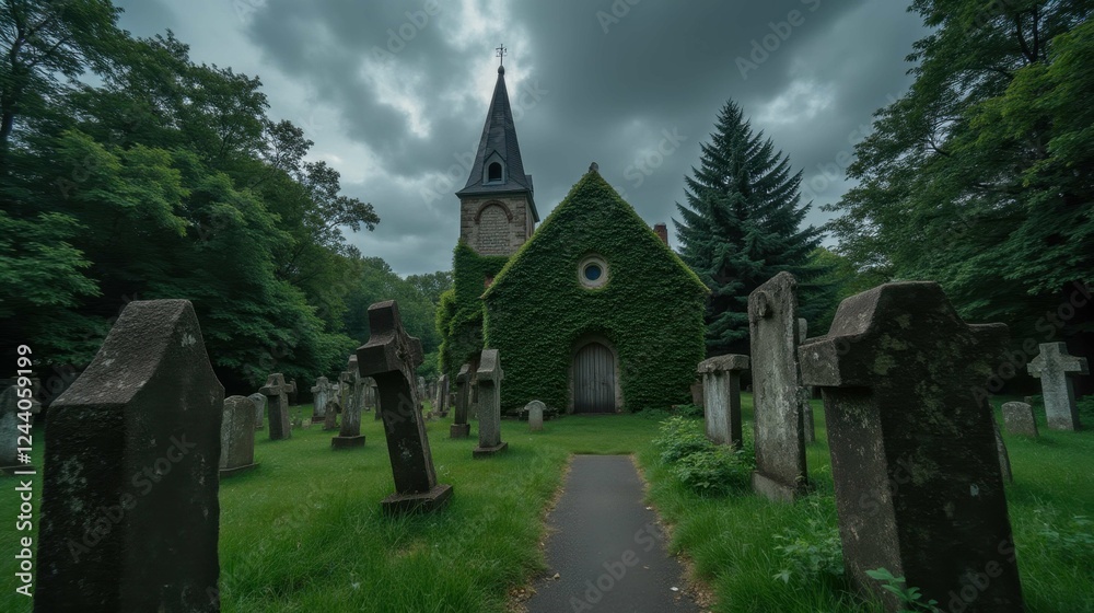 Fototapeta premium Serene Cemetery Pathway Leading to Historic Ivy-Covered Church