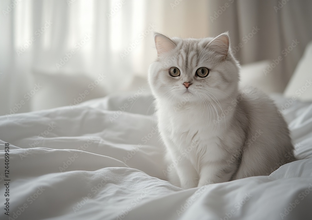 Adorable fluffy white cat sitting on a bed with soft blankets and natural light streaming through curtains in a cozy and serene interior setting Adorable fluffy white cat sitting on a bed with soft blankets and natural light streaming through curtains in a cozy and serene interior setting