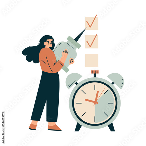 Time Management with Woman Character Check Box Organizing Efficient Business Process Vector Illustration