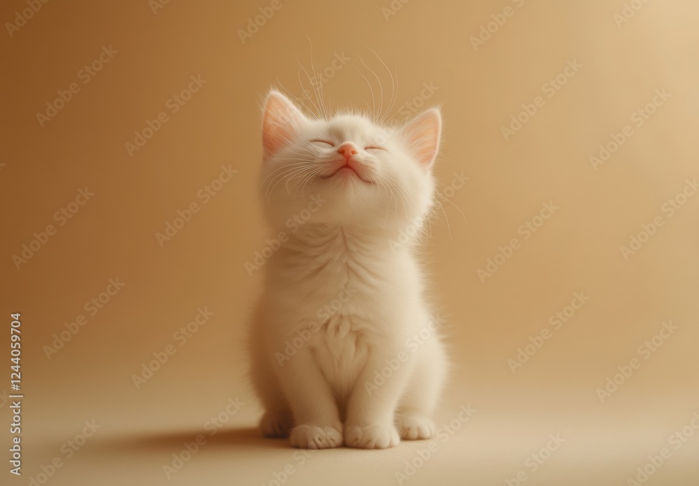 Fototapeta Adorable fluffy white kitten sitting gracefully with eyes closed and peaceful expression on simple beige background, perfect for pet and animal photography projects