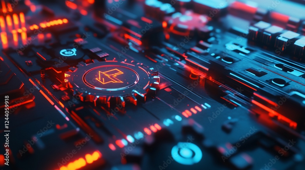 A futuristic digital circuit board with glowing red and blue holographic symbols and intricate details A futuristic digital circuit board with glowing red and blue holographic symbols and intricate details