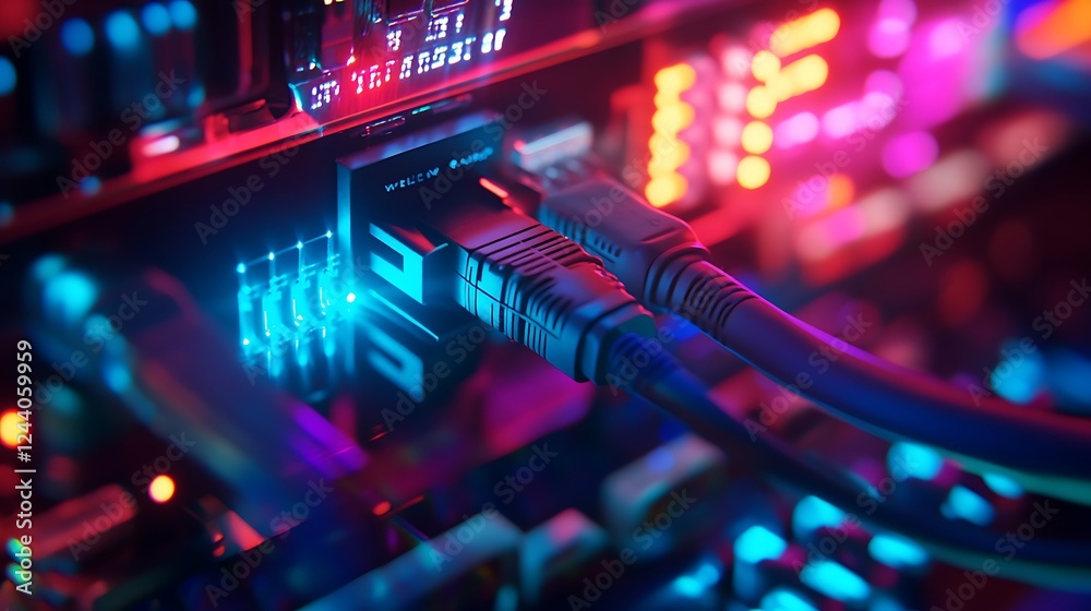 Bright neon lights illuminating a modern data center image Bright neon lights illuminating a modern data center image