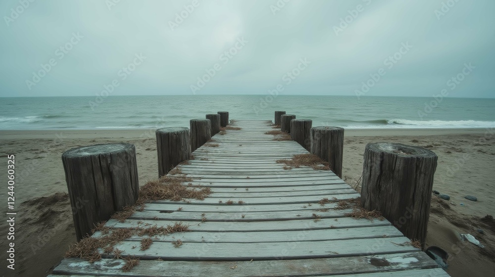 Fototapeta premium Tranquil Wooden Pier Leading to Calm Ocean Under Overcast Sky
