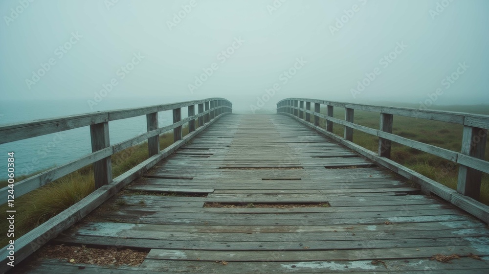 Obraz premium Foggy Wooden Bridge over Water Surrounded by Serene Landscape