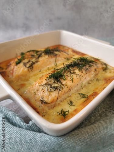 Baked Salmon Fillet Gratin with Creamy Dill Sauce