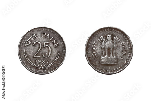 25 Paise 1987 Nickel coin. Coin of India. Coin 25 paise 1987 Obverse and Reverse on white background