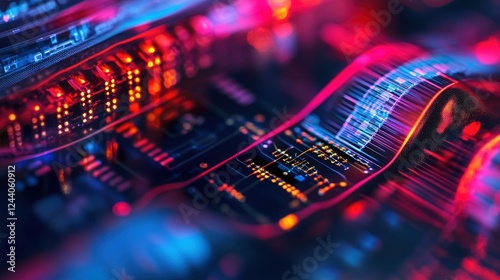 A closeup of the electronic components embedded within a smart drug delivery patch showcasing the microcontroller and sensors that monitor the bodys responses paired with a visual representation