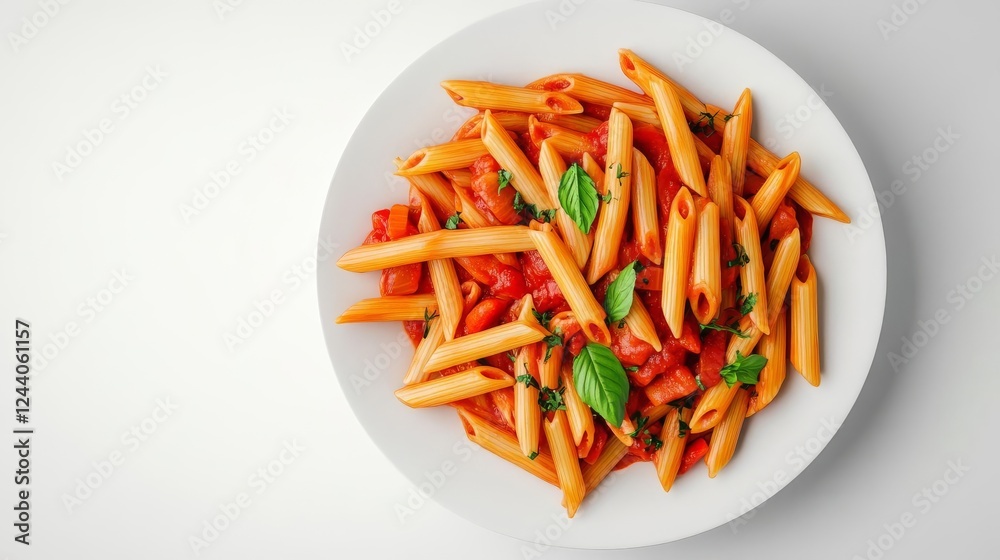 A serving of penne arrabbiata, spicy pasta dish, 3D render, vibrant red sauce details, isolated on white background A serving of penne arrabbiata, spicy pasta dish, 3D render, vibrant red sauce details, isolated on white background