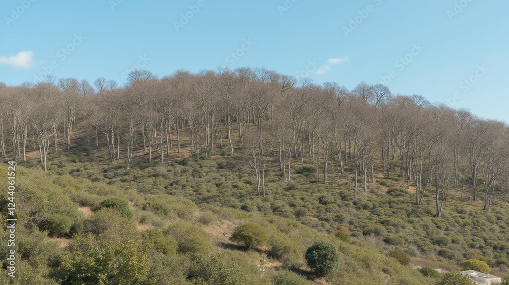 Fototapeta premium Serene Landscape of Leafless Trees on Rolling Hills Under Clear Sky