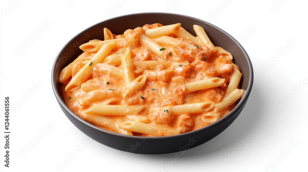 A serving of penne with creamy tomato vodka sauce, indulgent Italian-American style, lifelike 3D render, vibrant orange and cream tones, isolated on white background A serving of penne with creamy tomato vodka sauce, indulgent Italian-American style, lifelike 3D render, vibrant orange and cream tones, isolated on white background