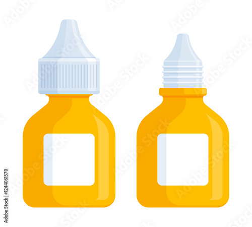 Set of closed and open yellow medicine dropper bottles. Health, eye drops, ear drops, and medical product mockup concept. Flat vector illustration isolated on white background with copy space