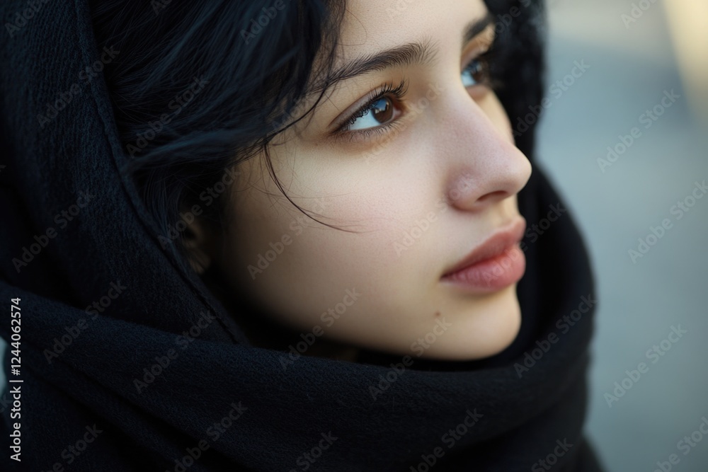 A close-up shot of a person wearing a scarf A close-up shot of a person wearing a scarf