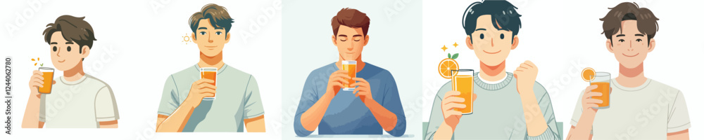 vector set of young men drinking orange juice vector set of young men drinking orange juice