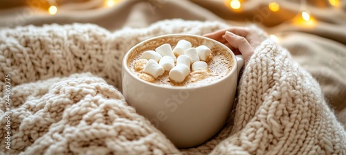 Cozy Winter Mug of Hot Chocolate with Marshmallows, Warm Sweater, and Festive Lights