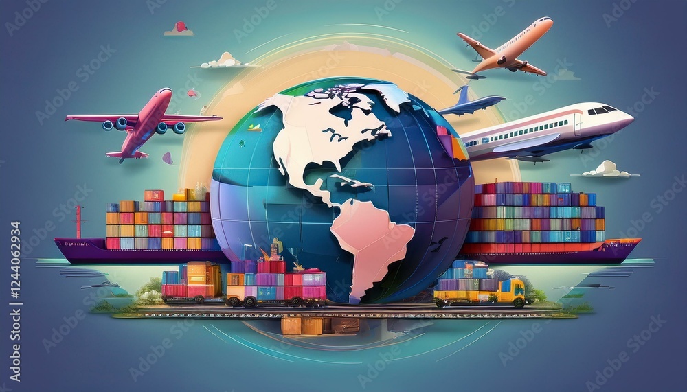Fototapeta premium 컨테이너 선박, 화물 비행기, 철도 물류가 함께 배치된 무역 지구본
