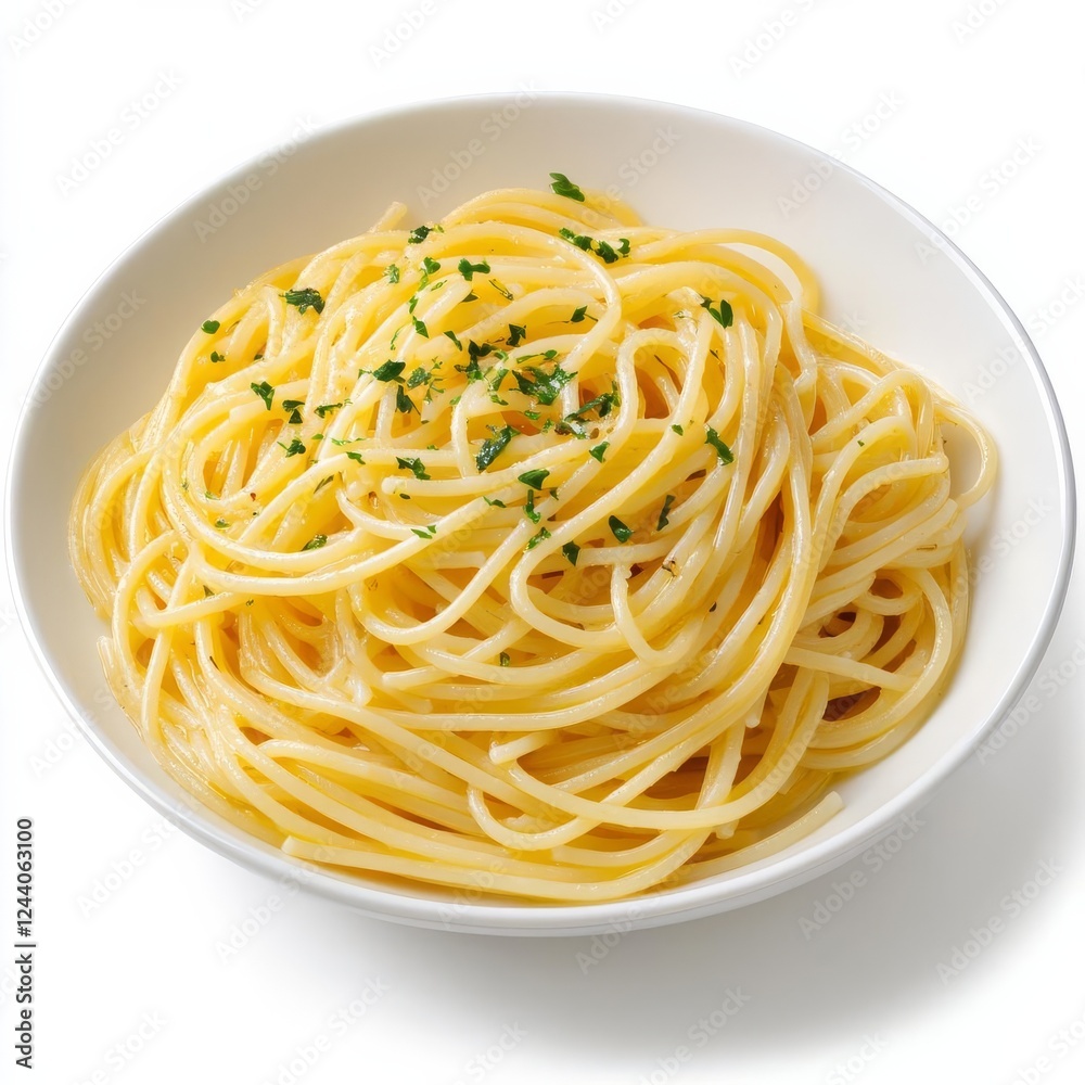 A serving of spaghetti aglio e olio, minimalist Italian flavor, realistic photography, soft golden hues, isolated on white background A serving of spaghetti aglio e olio, minimalist Italian flavor, realistic photography, soft golden hues, isolated on white background