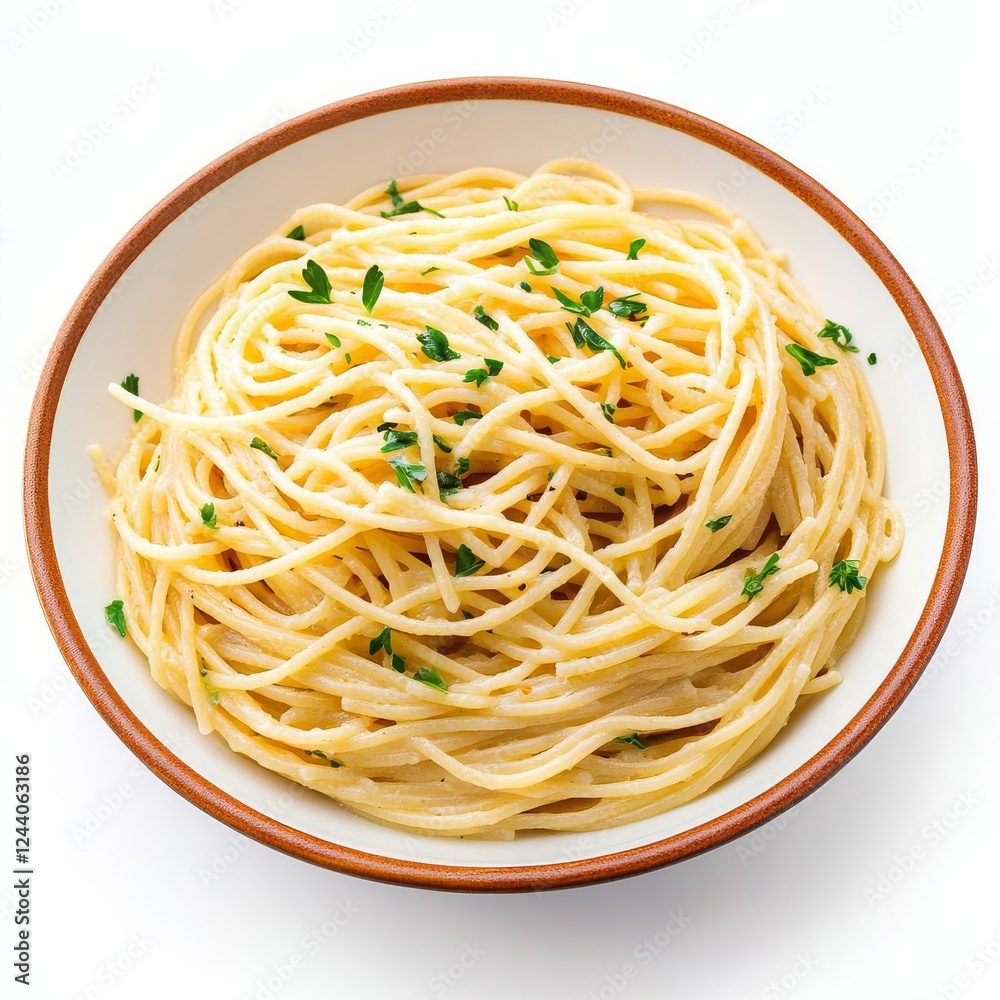 A serving of spaghetti aglio e olio, minimalist Italian flavor, realistic photography, soft golden hues, isolated on white background A serving of spaghetti aglio e olio, minimalist Italian flavor, realistic photography, soft golden hues, isolated on white background