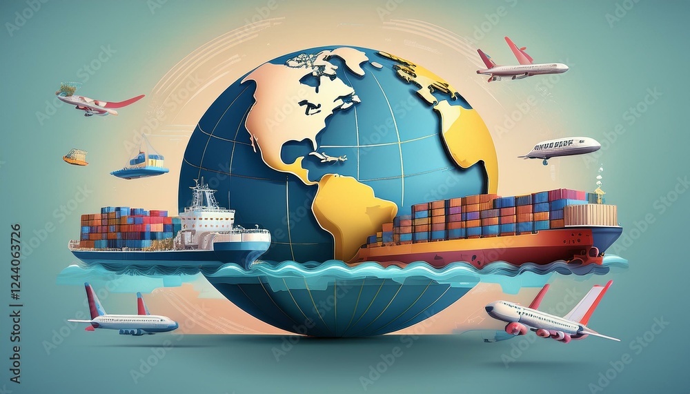 Fototapeta premium 컨테이너 선박, 화물 비행기, 철도 물류가 함께 배치된 무역 지구본