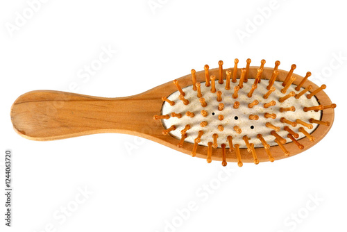 Wooden hair comb hair brush on white background isolated top view photo