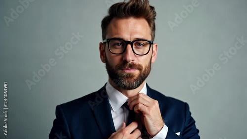 Confident Businessman Adjusting His Tie Studio Portrait