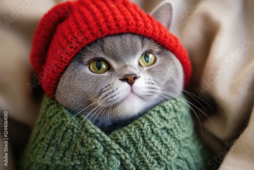 Wallpaper Mural A domestic cat wearing a bright red hat and matching green scarf, looking stylish and playful Torontodigital.ca
