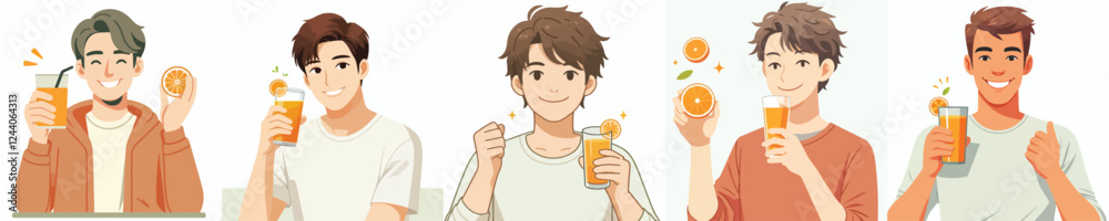 vector set of young men drinking orange juice vector set of young men drinking orange juice